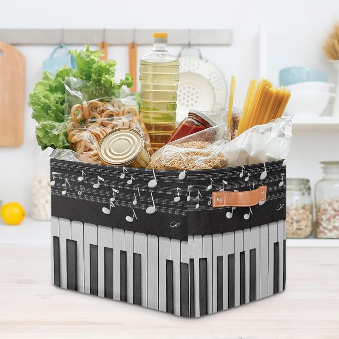 SEULIFE Abstract Piano Music Note Foldable Storage Basket, Large Collapsible Organizer Storage Bin Cube Toys Storage Boxes with Handles for Bathroom Kids Nursery Closet Storage, 1 Pack