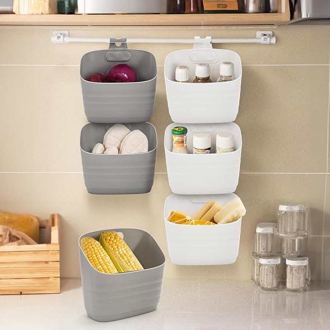 Noamus 6 Pack Plastic Hanging Basket for Kitchen, Over Cabinet Door Organizer with Removable Hook, Stackable Wall Mounted Storage Shower Caddy, No Drilling Shelf Bins for Food Bathroom Pantry Closet