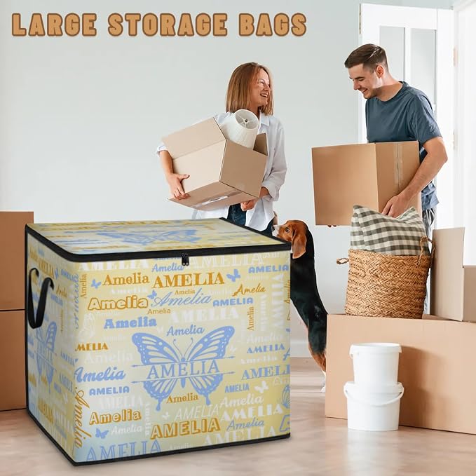 Personalized Storage Bins with Lid, Customized Name Jumbo Storage Basket Rectangle Clothes Organizer for Organizing Kids and Pets Toys Shelf Closet, Gradient Yellow Blue Butterflies