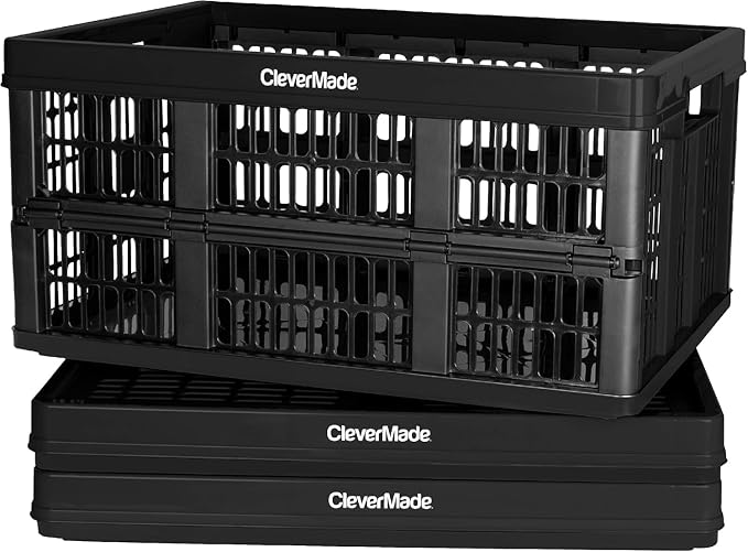 CleverMade Collapsible Utility Crate (Recycled) - 45L - Obsidian (3PK) | Create Stackable Order for Groceries, Tools, and Gear | Each Crate Holds 66 lb, Folds Under 3 Inches, and Carries Easily