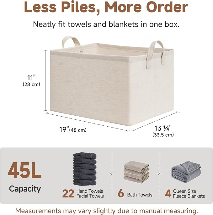 StorageWorks Linen Closet Storage Bins, 45L Storage Baskets, Beige, 2-Pack | Extra Large, With Reinforced PU Handles, Metal Frame, Collapsible Basket for Shelves, Closet, Holds Clothes, Towels, Blankets