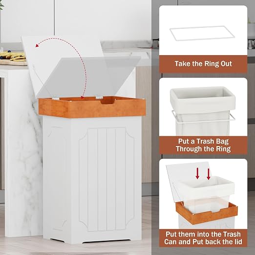 Function Home Trash Can Cabinet, 13 Gallon Kitchen Garbage Can, Wood Recycling Trash Bin, Freestanding Dog Proof Trash Can, Farmhouse Trash Cabinet with Lid for Home Kitchen Bathroom, White