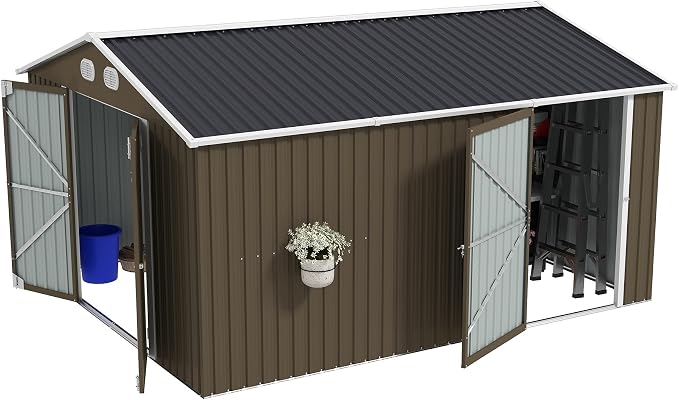 10x12 FT Metal Storage Shed, Large Storage Shed with Lockable Doors and Sloped Roof, Outdoor Tool Shed with Ample Ventilation for Garden, Lawn, Backyard, Coffee