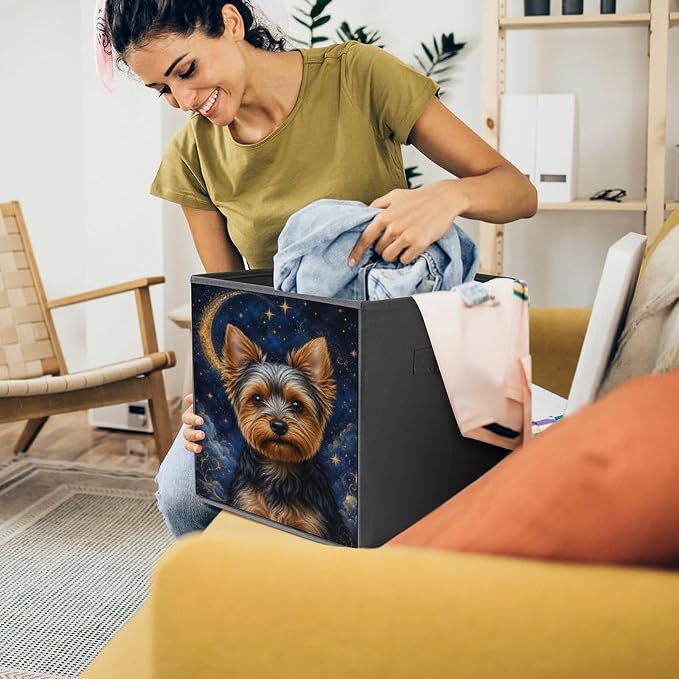 Yorkie Dog Starry Night Moon Storage Bin with Handles, Oxford Fabric Foldable Storage Cube Organizer for Clothes, Towels, Bedroom, Living Room, Home Organization