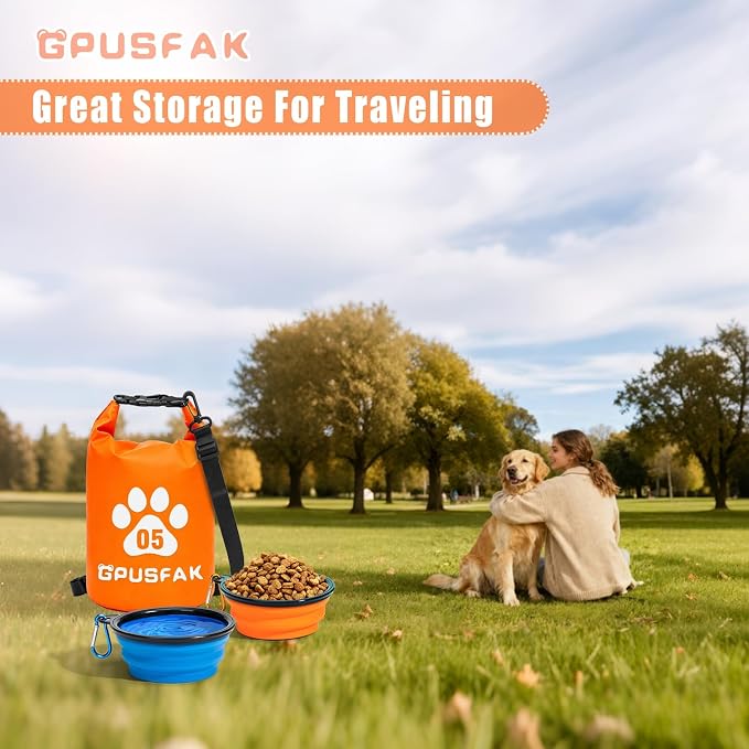 Pet Food Storage Bag with Bowl (32 Cup) - Zip Roll Top Dog Food Travel Bag Waterproof Kibble Container for Camping Road Trips Travel Dog Boarding Weekend Getaways Machine Washable 5L Orange