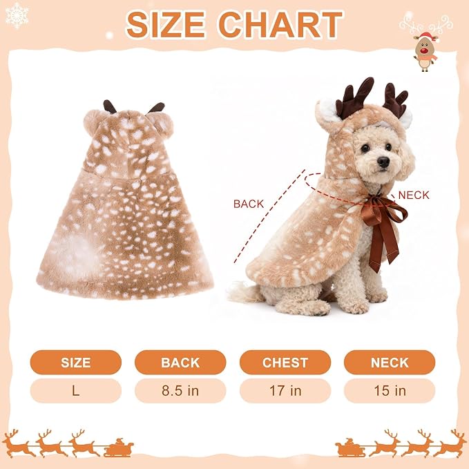 BEAUTYZOO 2 Pack Reindeer Dog Christmas Costume with Santa Hat for Small Dogs Cats, Fluffy Xmas Outfit, Cute Pet Christmas Elk Clothes, Puppy Xmas Hoodie Cloak Cape, Cat Holiday Cosplay Dress