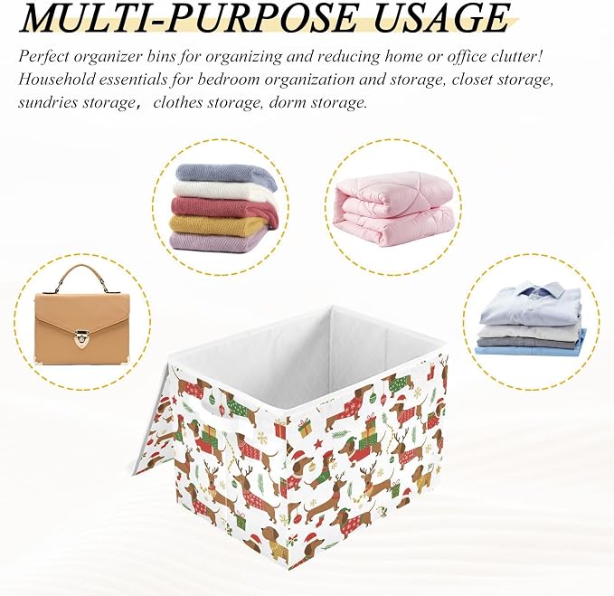 Dogs Christmas Storage Bins with Lids Closet Bedroom 40L Fabric Bin | Decorative Storage Boxes, Foldable & Stackable, Dust-Proof Flip Top, Reinforced Handles, For Home & Dorm, Clothes & Toy Box