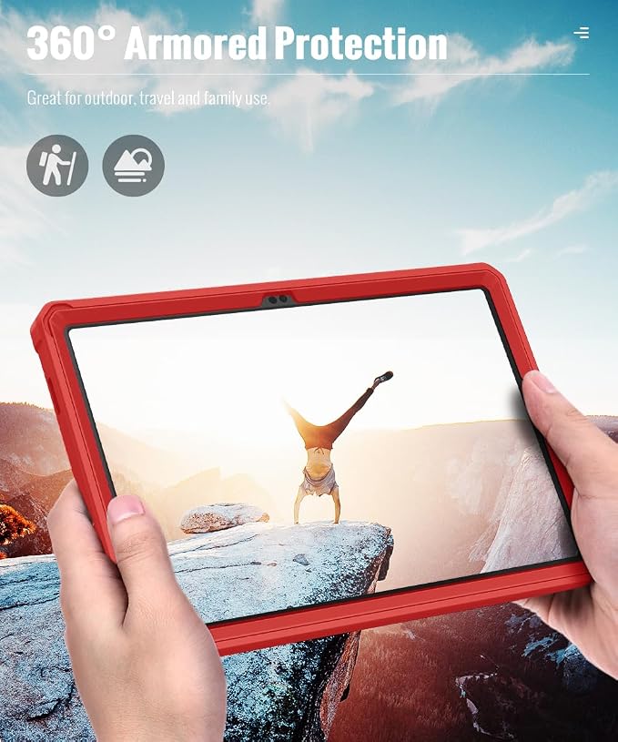 MoKo Shockproof Case Fit Samsung Galaxy Tab A11+ Plus/ A9+ 11 Inch | Full Body Rugged Stand Back Cover with Built-in Screen Protector for Galaxy Tab A11+/ A9+ Tablet, Red