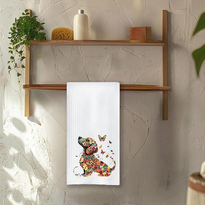 Chicimln Butterfly Floral Dachshund Kitchen Towels, Gifts for Dachshund Lovers Decorative Hand Towels for Bathroom, Weiner Dog Gifts Dish Tea Towel Drying Cloth for Kitchen Decor, 16x24 Inch