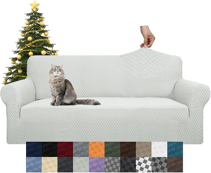 YEMYHOM Couch Cover Latest Jacquard Design High Stretch Sofa Covers for 3 Cushion Couch, Pet Dog Cat Proof Slipcover Non Slip Magic Elastic Furniture Protector (Large, Ivory)