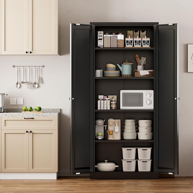 Greenvelly Metal Storage Cabinet, 63" H Black Metal Storage Cabinet with Doors and 4 Shelves, Lockable Steel Cabinets for Living Room, Office, School (Black - Modern)