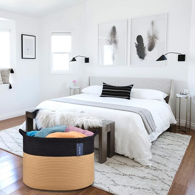 COMSE XXXLarge Woven Blanket & Laundry Basket, 87L, Black & Camel | 21.7" x 13.8", Cotton Rope, Nursery Hamper for Storage of Toys Clothes Towels, Ideal for Living Room Bedroom Bathroom
