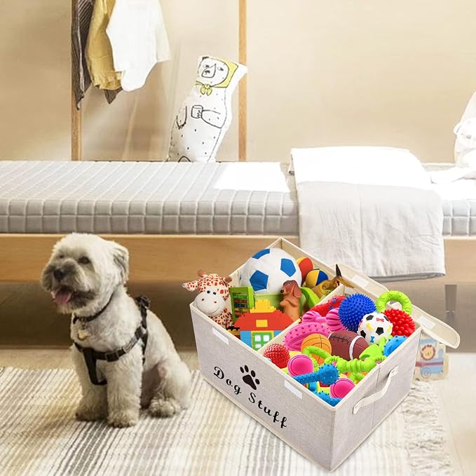 Large Storage Boxes - Large Linen Fabric Foldable Storage Cubes Bin Box Containers with Lid and Handles for Dog Apparel & Accessories, Dog Clothing(Beige)