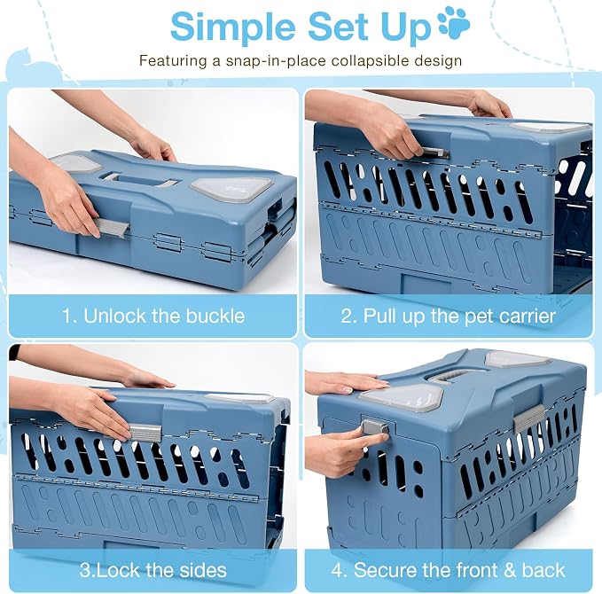 Pet Carrier for Cats & Small Dogs, Foldable Hard Cat Carrier | 2-Door Safety Lock, 360° Fully Breathable, Visible Windows, Washable Home & Outdoor Pet Travel Kennel, Up to 22Lbs