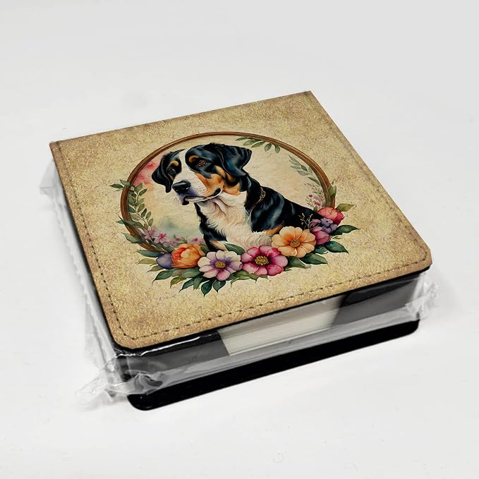 Caroline's Treasures Greater Swiss Mountain Dog and Flowers PU Leather Note Paper Holder with Artist-Designed Cover, Desk Accessory, Office Gift