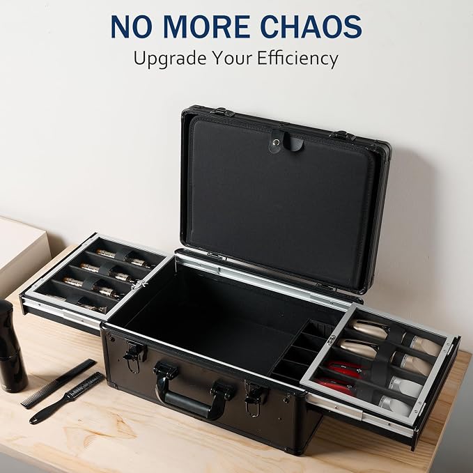 MoyRetty Professional Barber Case with Cap Clear dustproof, 16.5"*12.4"*7" | arber Suitcase 6 Clipper Slots & 8 Shear Holders, Portable Aluminum Organizer for Hair Stylists & Pet Groomers
