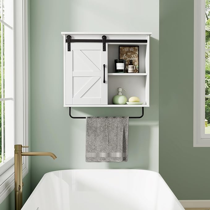 23" Bathroom Wall Cabinet with Sliding Door, Towel Bar & LED Light | 3-Tier Adjustable Shelves, Rechargeable Motion Light and Space-Saving Over-Toilet Storage for Bathroom, Laundry Room, Kitchen