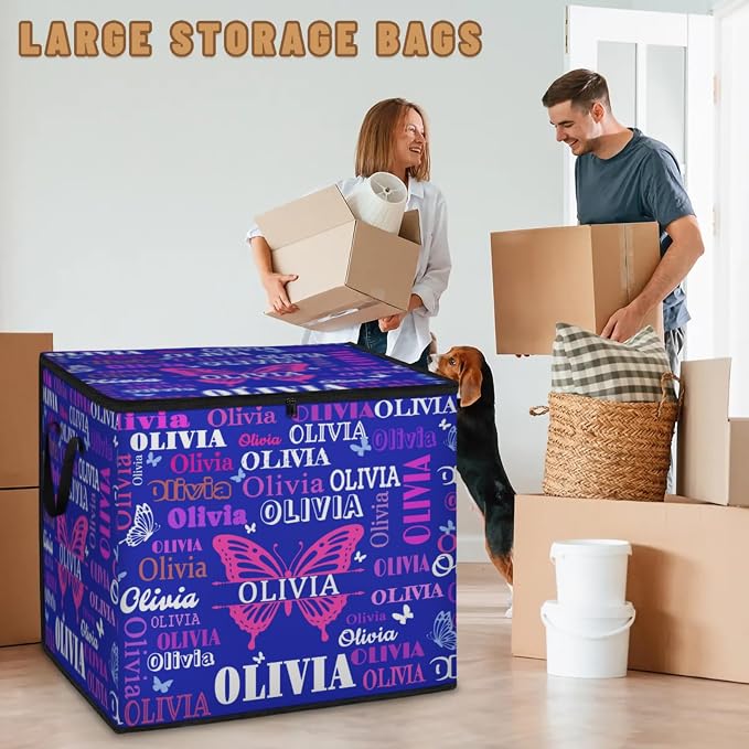 Custom Name Large Clothes Storage Organization with Lids, Kids Toys Bin Shelf Basket, Bedding Clothes Towel Navy Blue Butterflies Storage Bin for Nursery, Gift Basket, Pet Basket