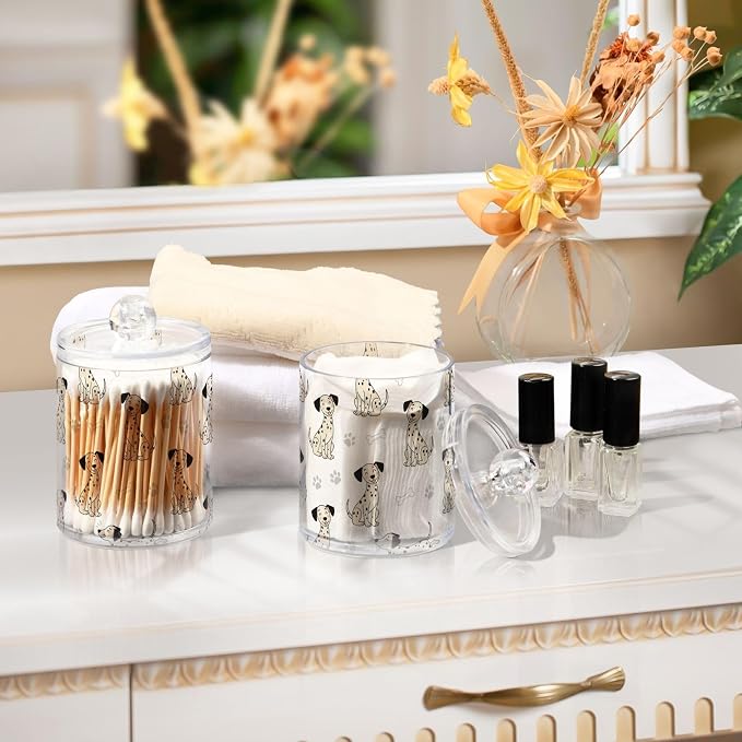 DOMIKING 2 Pack Plastic Cotton Swab Ball Pad Holder Cute Dogs White Pets Print Jars Bathroom Storage Organizer Bathroom Jars with Lid for Cotton Rounds Floss Picks Hair Accessories