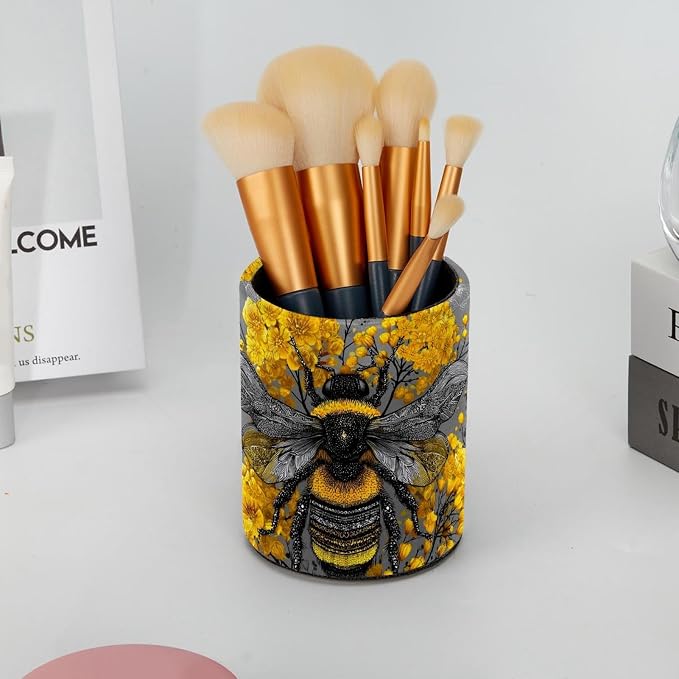 Faux Leather Pen Holder for Desk, Pencil Organizer Retro Bee Pen Cup Desk Decor Makeup Brush Holder Storage for Office Home