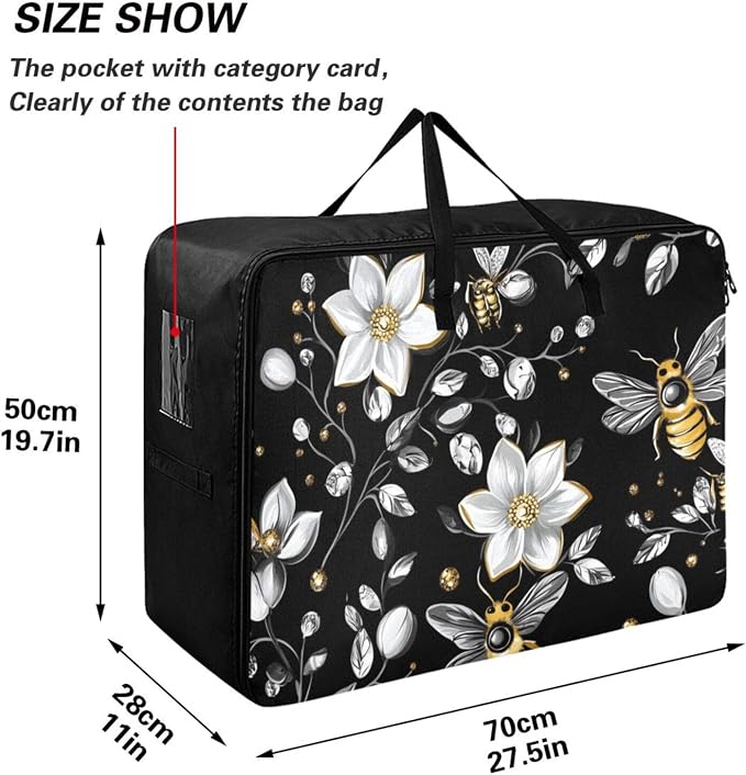 Comforter Storage Bags Large Folding Blanket Organizer Bag with Strong Handles Clear Window Closet Storage Containers for Clothes King Queen Pillows Bedding Quilt Duvet Diamonds Bees Flower