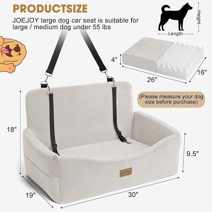 JOEJOY Dog Car Seat for Large Medium Sized Dogs Under 55 lbs, Dog Booster Seat for 2 Small Dogs with Detachable Washable Cover, Memory Foam Pet Car Seat with 2 Safety Belts and Storage Pockets