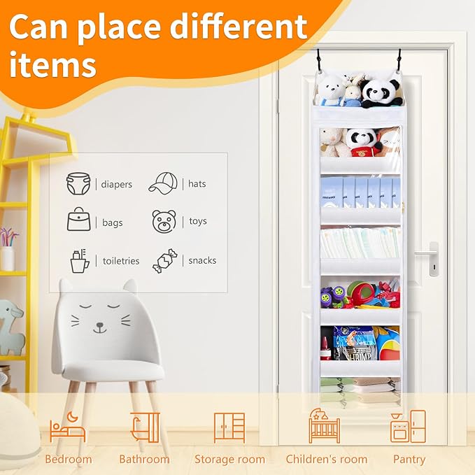 Over the door stuffed animal storage, dust-proof door organizer hanging,【holds up to 70 lbs】Ideal for organizing on doors, such as yarn storage, plush toys, diapers, and other small to medium items.