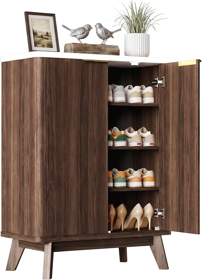 Shoe Cabinet with Doors & Adjustable Shelves, Walnut | Modern Wooden Storage Cabinet for Entryway, Mudroom And Apartment, Reducing Clutter And Dust Buildup