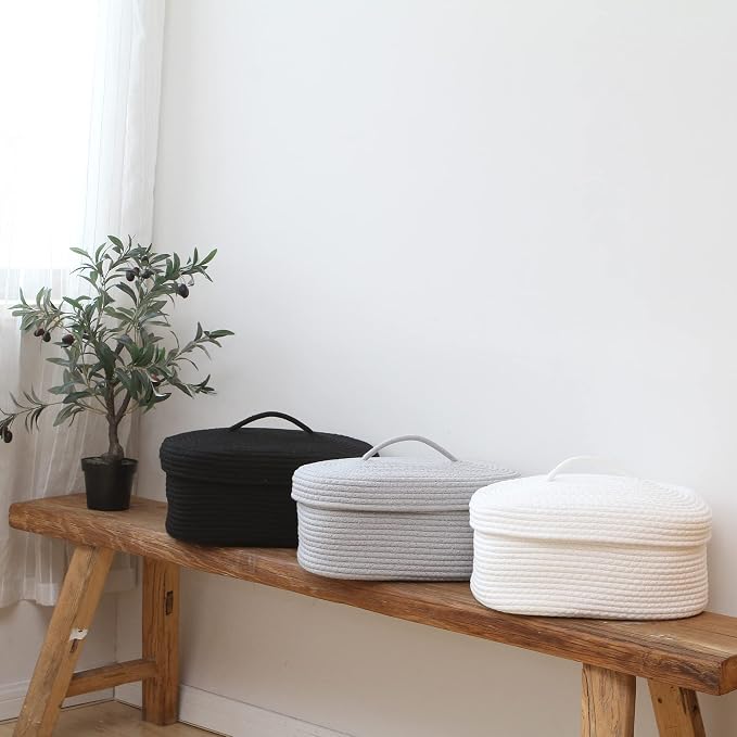 Sea Team Oval Storage Basket, Woven Cotton Rope Basket with Lid, White | Decorative Knitted Storage Bin, Multi-Purpose Lidded Organizer for Closet Shelves, Nursery and Household Storage