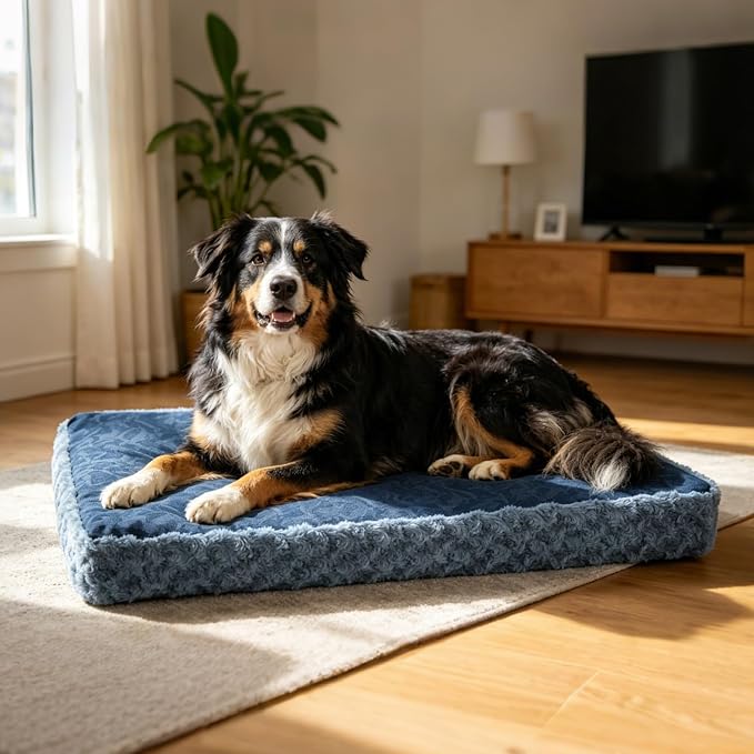 EMPSIGN Dog Bed Mat Crate Pad Mattress, Ultra Soft Pet Kennel, Navy, Large | Reversible(Cool & Warm), Waterproof Linings, Removable Machine Washable Cover, for 36" Dog Crate, Soft Rose Plush/Canvas