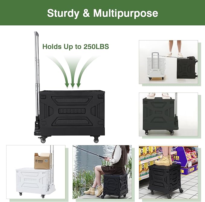 VECELO 16 GAL 2-in-1 Foldable Shopping Cart, Collapsible Utility Cart with Adjustable Handle & 360° Wheels, Dual-Mode Rolling Crate (Basket/Flatbed) for Groceries, Camping, Compact Storage, Green