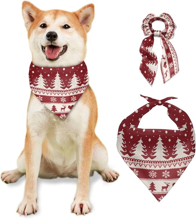 COEQINE Christmas Dog Bandanas Cotton Dogs Accessories with Hair Tie Organizer Travel Cute Xmas Tree Red Western Deer Pattern Dog Bandanas Bulk for Holiday Pet and Owner Matching Outfits