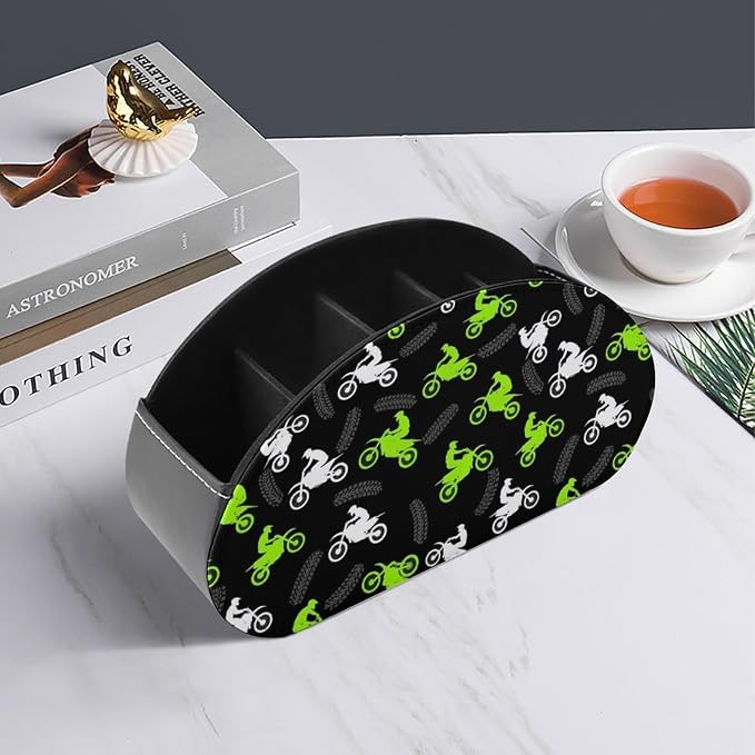 TV Remote Control Holders Dirt Bike Motorcycle Office Desktop Storage Cup | 5 Compartments, Pu Leather, Dirt Bike Motorcycle, Media Controllers Supplies Makeup Brush