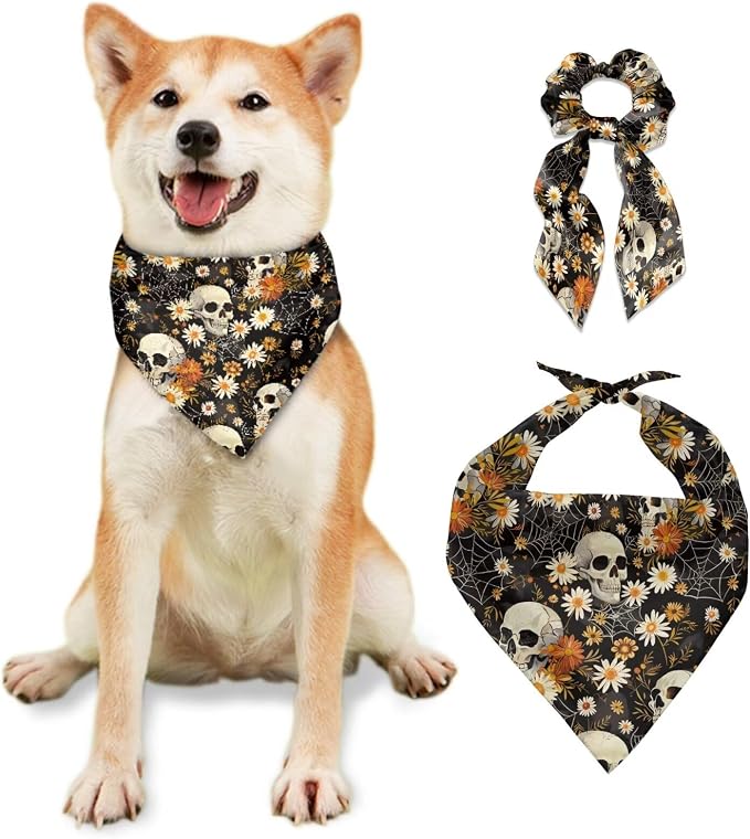 COEQINE Adult Costume with Pet Bandanas Large Dog Accessories Gothic Skull Beige Daisy Hair Tie Organizer Non Slip Fashion Christmas Birthday Party Cosplay