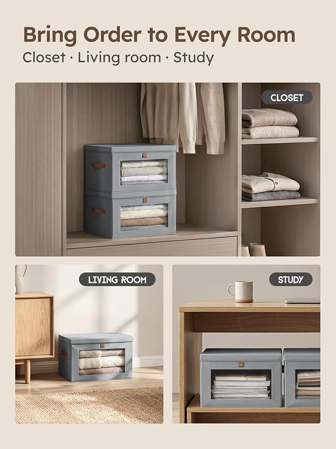 Medium Fabric Storage bins - Collapsible Storage Bins with Open Window, 2 Pack Closet Baskets for Shelves, Stackable Decorative Boxes for Home, Dorm, Grey, 13.7"x 9.8" x 9.8"