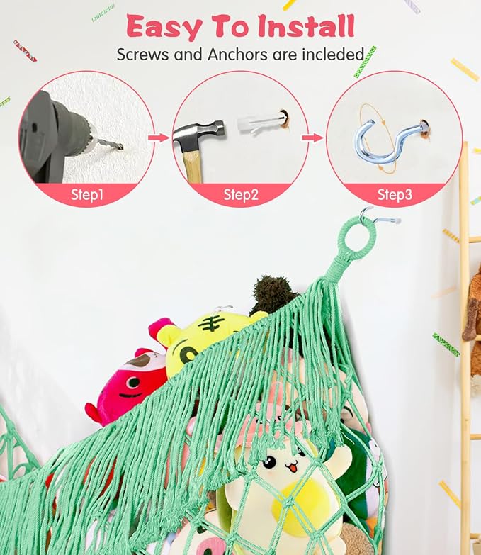 Stuffed Animal Hammock - Extra Large 63'' Long (Matcha green) | Premium Cotton Hand-knitted, Beautiful Long Tassel, Storage Hanging Organizer, Can Fit Stuffed Animals 40 Piece or More