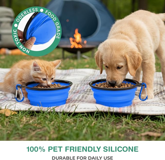Collapsible Dog Water and Food Bowls, Blue, BPA Free | for Travel, Portable, Dogs and Cats, Foldable Pet Feeding Dish, Walking Hiking Camping with Carabiner