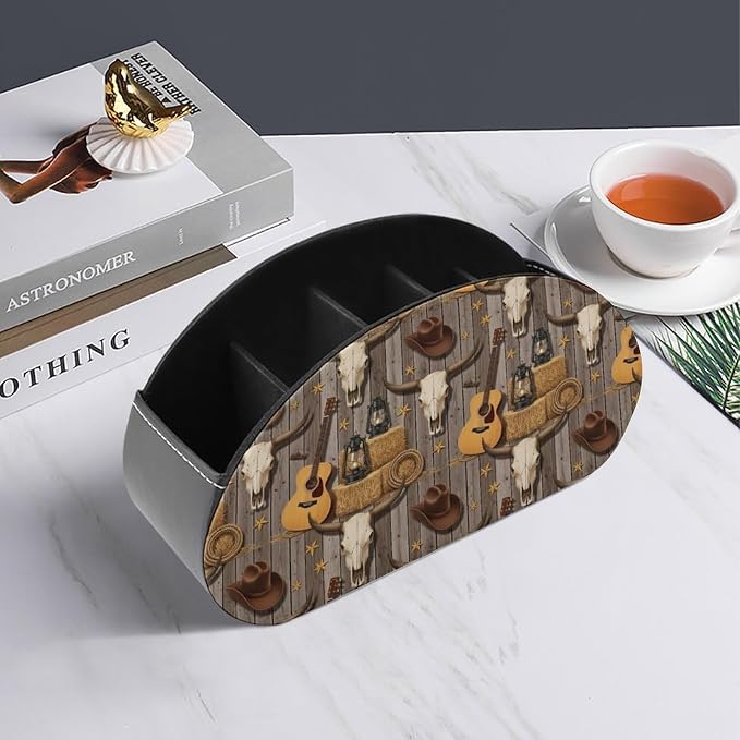 TV Remote Control Holder Cowboy Skull Cactus 5 Compartment Table Organizer | PU Leather Desktop Caddy Box, Western Skull Cowboy Cow Hat Boots Guitar Cactus, for Media Player, Stationery Accessories