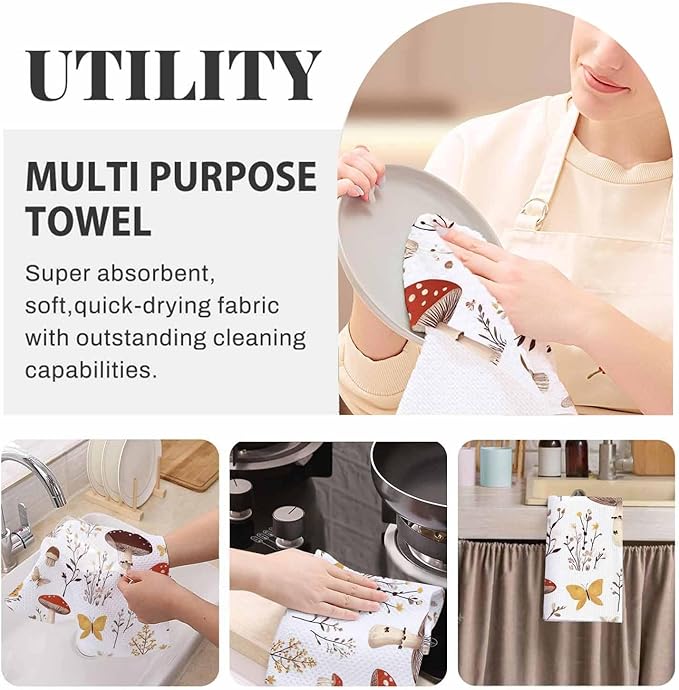 Cartoon Mushrooms Waffle Kitchen Dish Cloths Butterflies Mushroom Cute Botanic Ultra Soft Absorbent Quick Drying Dish Towels 16 X 24 Inches Set of 2