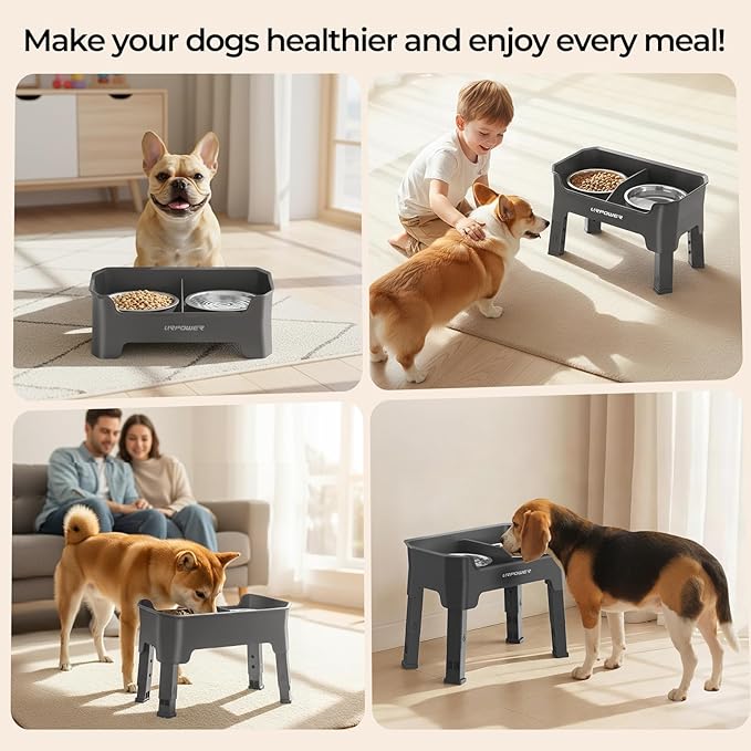 URPOWER Mess Proof Elevated Dog Bowls 4 Height Adjustable Raised Bowl Stand with 2 Stainless Steel Dog Bowls Non-Slip Food and Water Bowl Set for Small and Medium Dogs,Grey