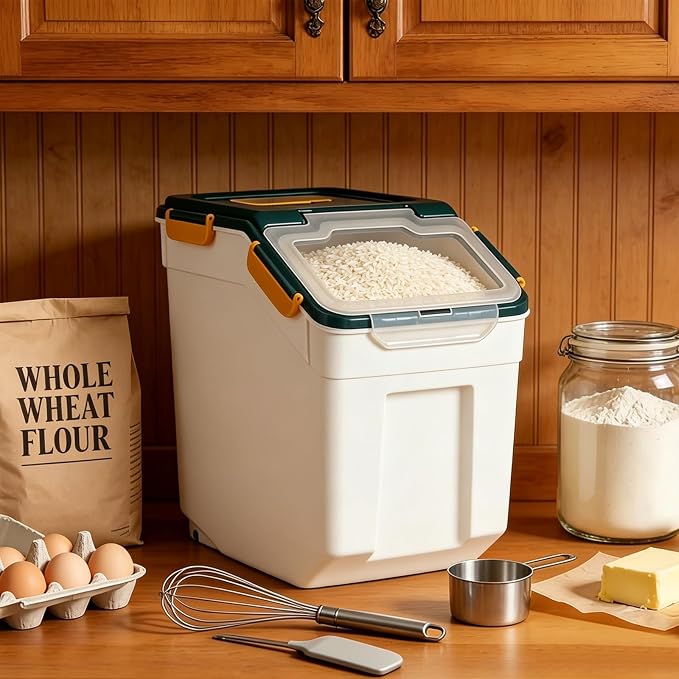 Saim 4Pack 50lb Flour & Rice Storage Container Bin (Dark Blue) | BPA free plastic with seal lid, rolling wheels and measuring scoop for rice, flour, cereal and grain one-hand scooping