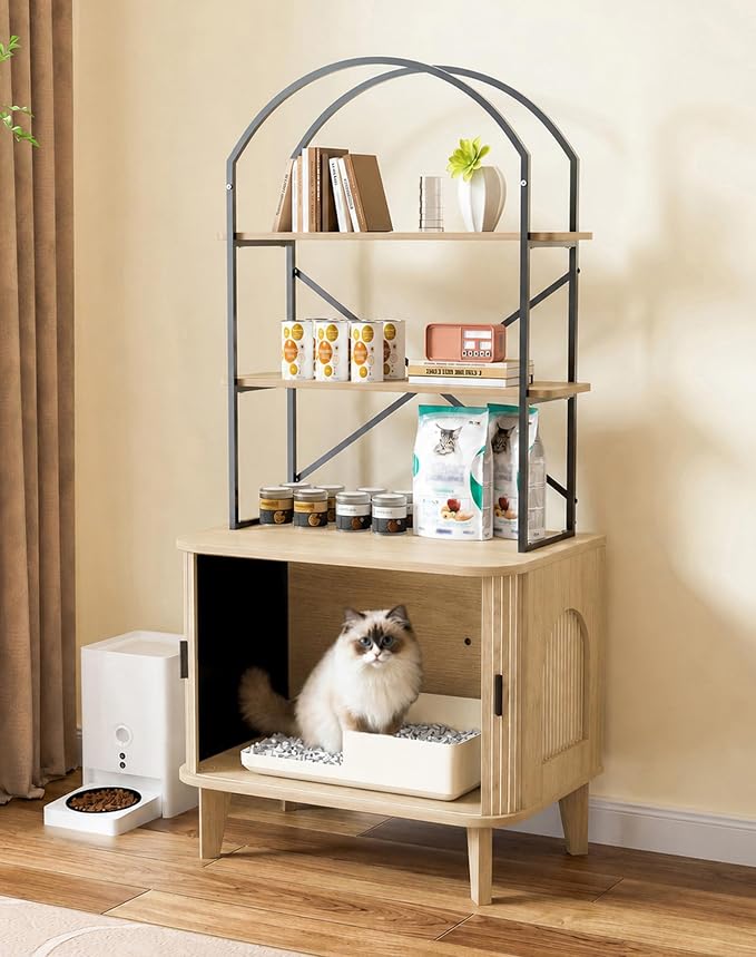 31.5" Cat Litter Box Enclosure,Hidden Litter Box Furniture with 2-Tier Storage Shelves,Wooden Cat Washroom and Pet House with Sliding Tambour Door for Living Room, Oak