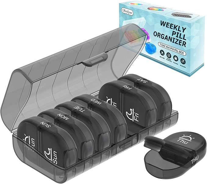 Serfeymi Weekly Pill Organizer 2 Times a Day AM PM Travel Pill Box 7 Day | Medicine Pill Organizer with Protection Pill Case Daily Medication Box for Vitamins,Supplement- Black Case + Black Pill Box
