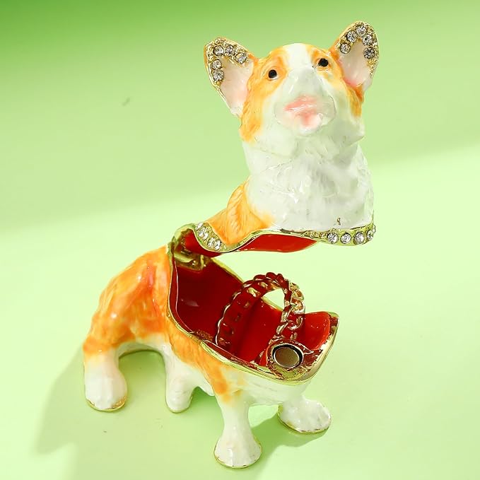 Hand Painted Rhinestone Welsh Corgi Enamel Trinket Box, Hinged Metal Vintage Jewelry Organizer