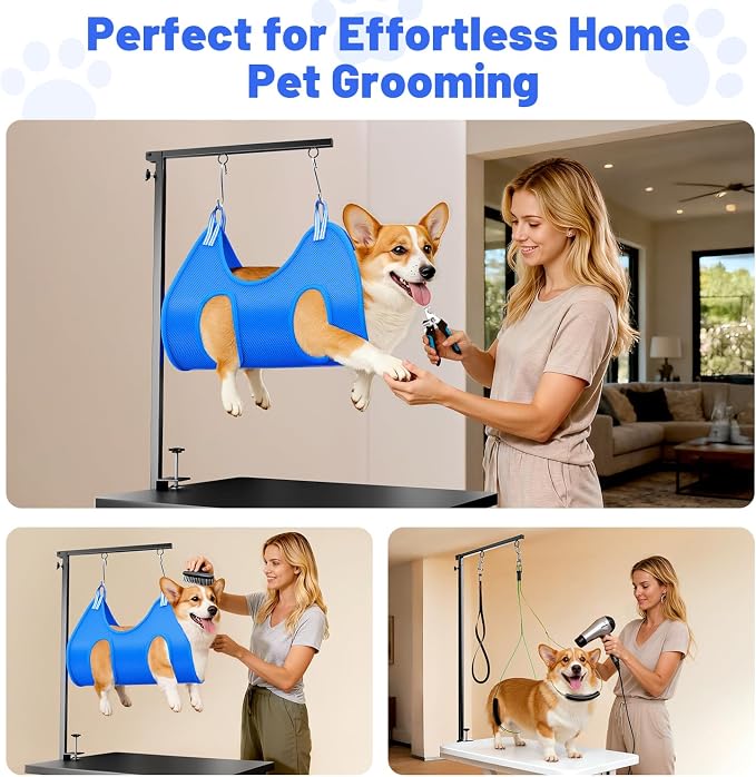 Dog Grooming Arm, 26"-38" Adjustable Clamp with Hammock | Nail Clippers Included, Adjustable Height, Heavy-Duty Design, 2 No-Sit Holders, Small & Medium Dogs