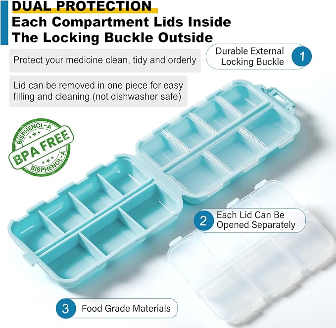 14 Grids Travel Pill Organizer Box with 415-Pcs Medicine Name Labels - Pocket Daily Pharmacy Case Container Kit - Travel Medication Holder Dispenser for Fish Oil Vitamin Supplement Storage - Sky Blue