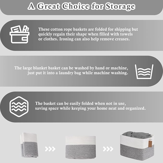 Goodpick 50L Large Woven Rope Storage Basket with Handles, Light Gray | 18" × 14" × 12" Stylish Gift Basket for Living Room & Nursery Organization, Fits Blankets, Toys & Home Essentials Storage