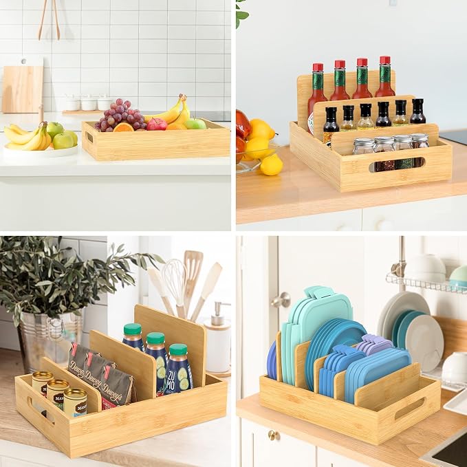 Retro Shaw Lid Organizer for Plastic Lids, with 5 Adjustable Dividers | Handmade, Bamboo, For Cabinet and Drawer, Kitchen Storage and Organization