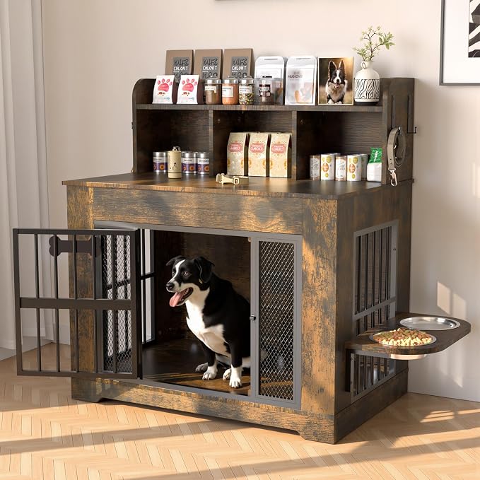 Petrova 33" Dog Crate Furniture with Storage Shelf & 2 Stainless Steel Bowls, Heavy Duty Indoor Dog Kennel for Medium/Small Dogs, Wooden Dog Cage with 4 Hooks, LED Light, Walnut Brown