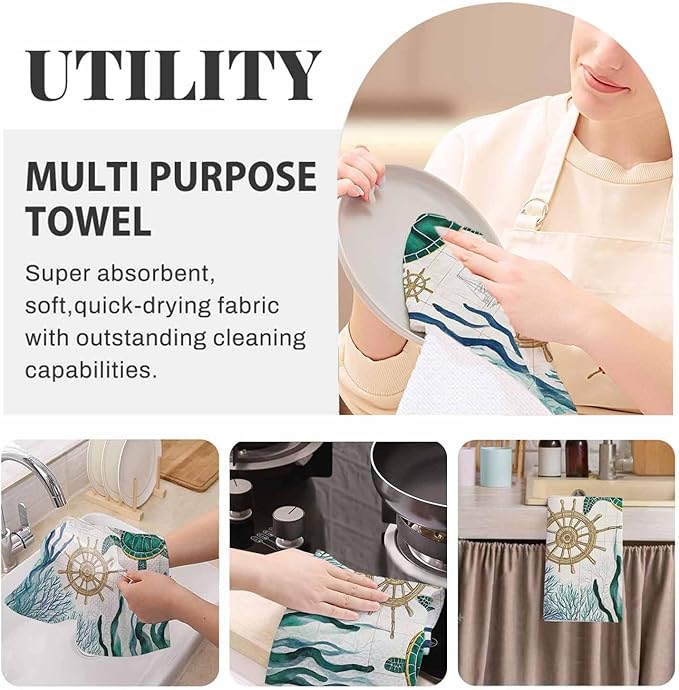 Sea Turtle 2Pcs Kitchen Towels Ocean Turtles Starfish Map Vintage Sea Horse Coral 16X24 Inch Ultra Soft Tea Towel Super Absorbent Terry Dish Towels for Kitchen Linens